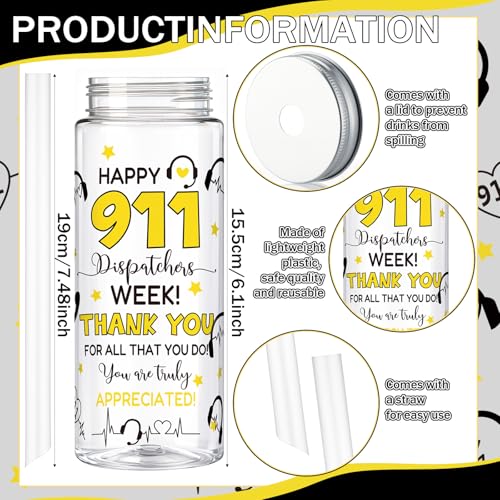 24 Pcs 911 Dispatch Appreciation Week 14.2oz Tumbler Lid Straw Cups (24 Count)