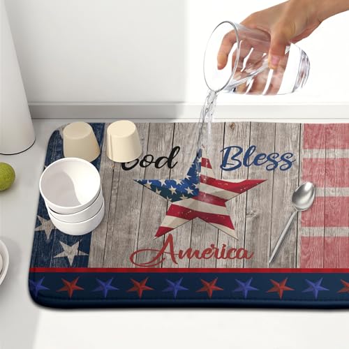 4th of July Dish Drying Mat 16x18 Inch Patriotic God Bless America Memorial Kitchen Mats Independence Day Absorbent Dishes Pad for Kitchen Counter USA Star Drying Mat Home Decor for Countertop