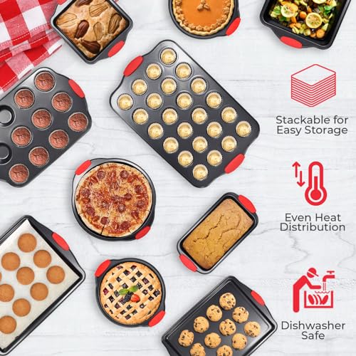 Non-Stick 10-Piece Baking Pan Set, BPA-Free Carbon Steel Bakeware Set with Silicone Handles, Stackable Kitchen Oven Set, Cookie Sheet, Baking Tray, Baking Sheet Set, Oven Safe (446°F) (10 Count)