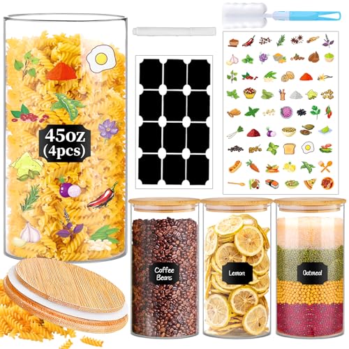 Glass Storage Jars 45 oz 4 Pcs Clear Glass Food Storage Containers with Airtight Bamboo Lid Stackable Kitchen Canisters for Candy (4 Count)