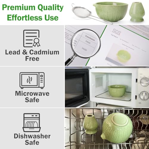 Matcha Whisk Set Ceramic Bowl Kit with Spout (7 Count)