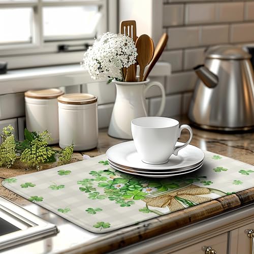 St Patricks Day Shamrock Dish Drying Mat Green Spring Kitchen Dishes Drying Pad Absorbent Dish Dryer Mats for Kitchen Countertops Microfiber Washable Large18x24 in