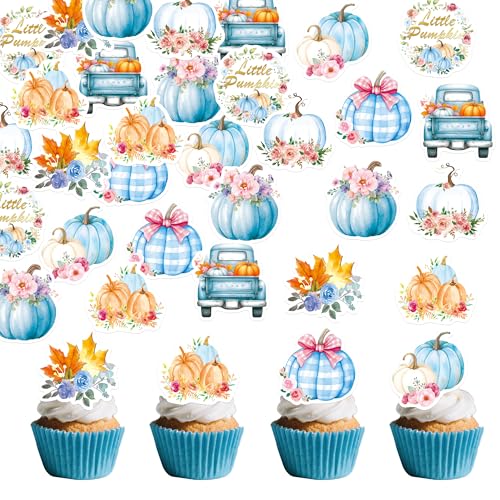 72Pcs Edible Pumpkin Cupcake Toppers Autumn Thanksgiving Theme Party Wafer Paper Flowers Pumpkin Cupcake Toppers Baby Gender Reveal Party Supplies