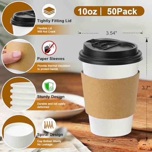 50 Pack 10 oz Disposable Coffee Cups With Lids and Sleeves (50 Count)