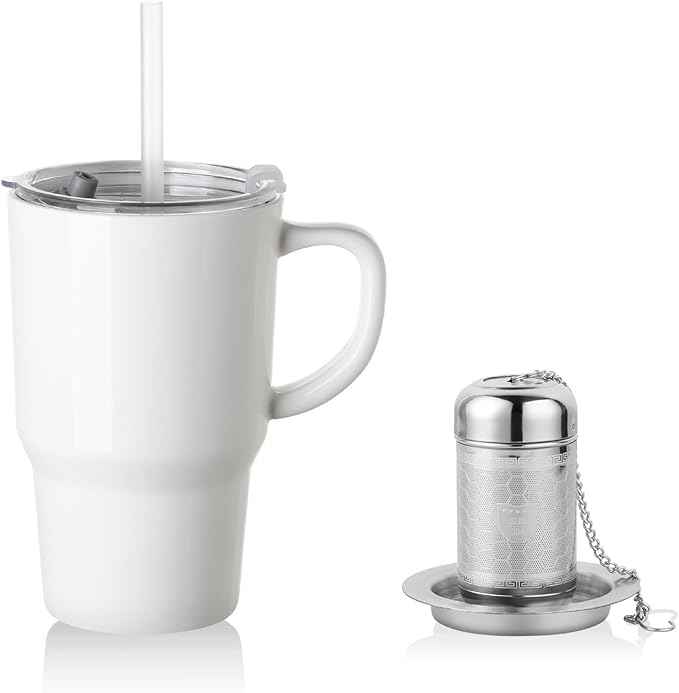 Sweejar Ceramic Tea Cup with Lid, 16 OZ Portable Coffee Mug, Dishwasher Safe Travel Mug with Infuser, Reusable Teacup for Car Cup Holder, Tea Lovers(White)