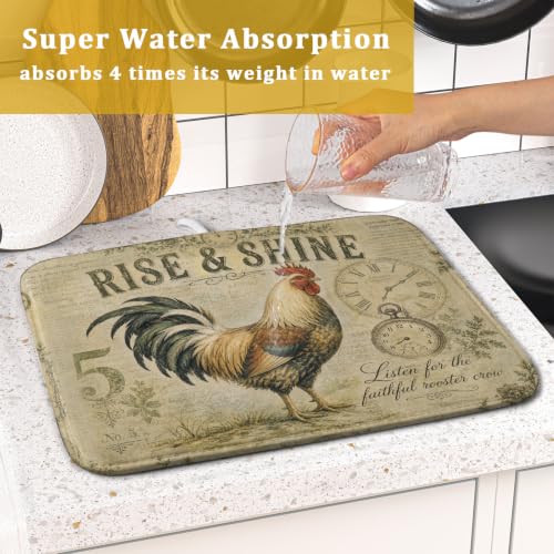 Farmhouse Rooster Dish Drying Mat 16 x 18 Inch with Hanging Loop High Absorbent Reversible Microfiber Dish Drying Pad Drainer Mat for Kitchen Counter Coffee Bar