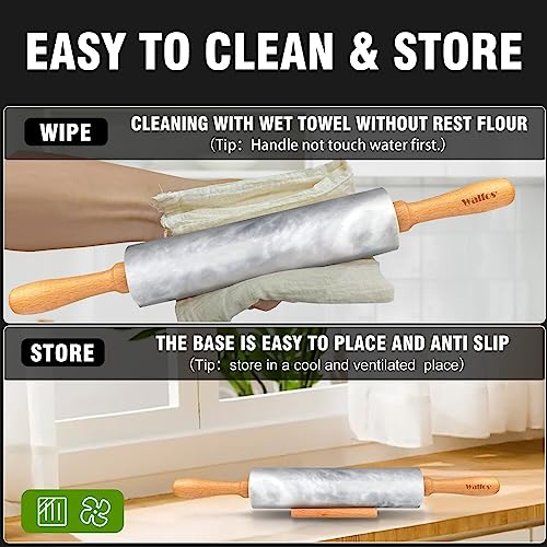 Marble Rolling Pin With Wooden Handles & Wood Cradle
