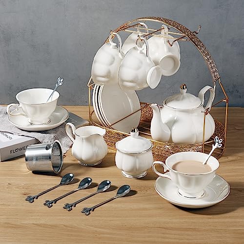 Tea Set 22 Piece Porcelain Ceramic Coffee Tea Gift Sets Cups Saucer Service for 6 Teapot Sugar Bowl Creamer Pitcher and Teaspoons (22 Count)