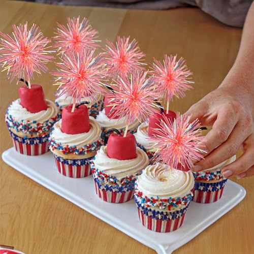30Pcs Foil Firework Cupcake Toppers Sparkle Tinsel Cake Toppers Tinsel Drink Cake Decoration Cocktail Picks for Birthday Wedding Graduation Party Supplies Laser Orange (30 Count)