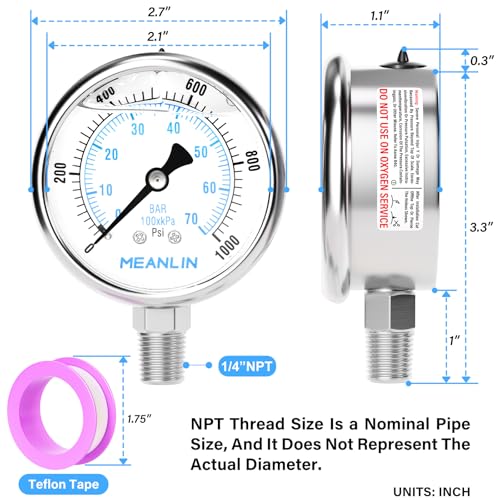 0~1000Psi Liquid Filled Pressure Gauge Stainless Steel with 316 Stainless Steel Joint 1