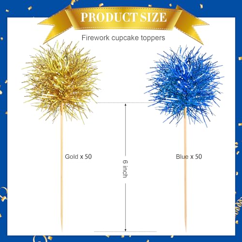 100 Pcs Foil Firework Cupcake Toppers Sparkle Tinsel Cake Toppers Cake Decoration Cocktail Fruit Toothpick for Birthday Wedding Graduation Party