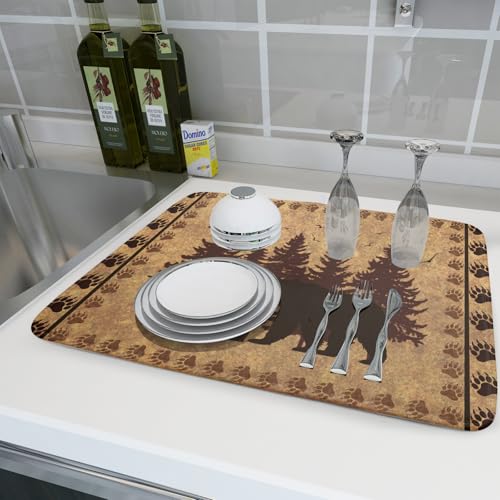 18"x24" Brown Bear Dish Drying Mat Rustic Forest Wildlife Woodland Dish Drainer Mats for Kitchen Countertop Farmhouse Animal Paw Print Fast Dry Microfiber Dish Drying Pad Decoration
