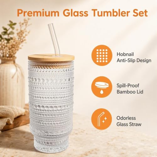 16 oz Hobnail Glass Cups with Lids and Straws Drinking Glasses of 2 (2 Count)