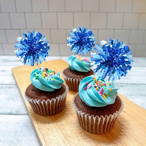 30Pcs Foil Firework Cupcake Toppers Blue Tinsel Flower Drink Stirrers Cocktail Food Fruit Cake Toppers for Valentine's Day Party Decorations Blue (30 Count)