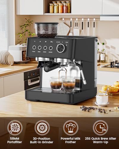 2026 Upgrade) Espresso Machine with Grinder, Expresso Coffee Machines with Built-in Anti-Clog Coffee Grinder/Milk Steam Wand/Frother, Expresso Machines for Home Perfect Cappuccino & Latte-Matte Black