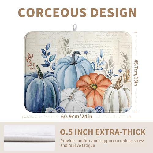 Fall Blue White Pumpkin Dish Drying Mats Thanksgiving Leaves Dish Mat Drying Matt Autumn Floral Dishes Dryer Pad for Kitchen Counter Absorbent Microfiber Washable Foldable Reusable 18x24 in