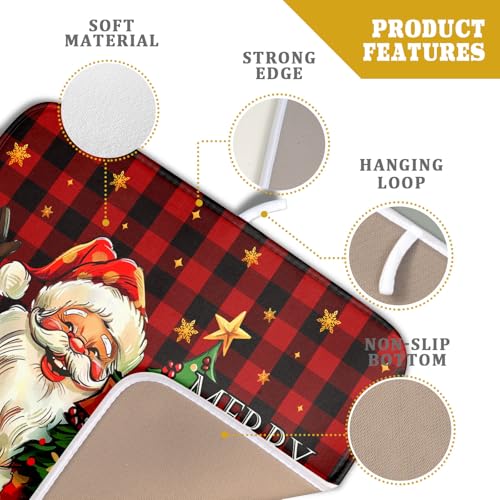 Merry Christmas Santa Claus Red Buffalo Plaid Dish Drying Mat for Kitchen Counter