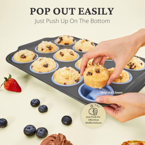 2 Pack 12 Cup and Mini 24 Cup Silicone Muffin Pans for Baking with Metal Frame (2 Count)