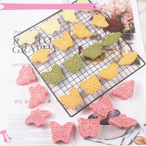 Butterfly Cookie Cutters 8 Pcs Plastic Biscuit Cutter Set 3D Pressable Cake Baking Fondant Embosser Stamps for Party Decoration Pastry Tools (8 Count)