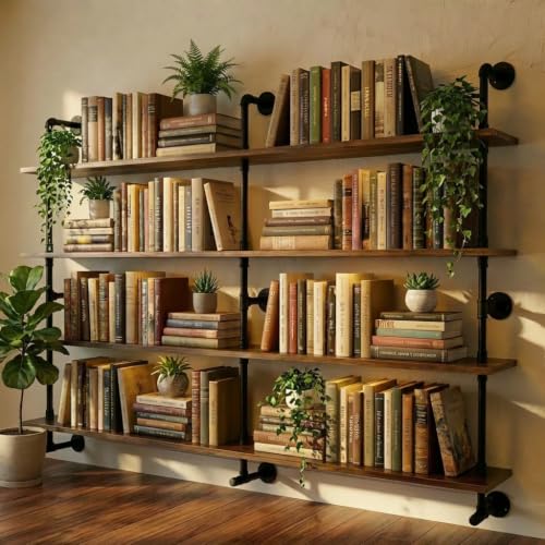 70 Inch Industrial Pipe Wall Shelves Pipe Shelving with Real Wood Plank (4 Count)