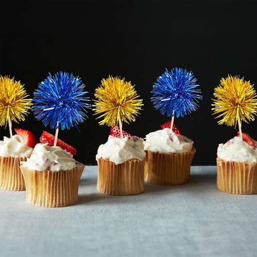 30Pcs Foil Firework Cupcake Toppers Sparkle Tinsel Cake Toppers Tinsel Drink Cake Decoration Cocktail Picks for Birthday Wedding Graduation Party Supplies Gold Dark Blue (30 Count)