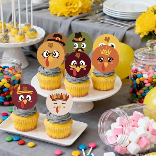 48PCS Edible Thanksgiving Day Cupcake Toppers Wafer Paper Turkey Cupcake Toppers Picks Autumn Cake Decorations for Thanksgiving Party Decoration Supplies