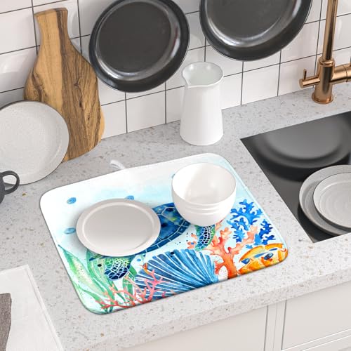 Sea Turtle Dish Drying Mat 16x18in Watercolor Blue Tortoise Dish Drainer Mats Nautical Ocean Coral Seashell Seaweed Microfiber Dish Drying Pad for Kitchen Countertop Small Decor