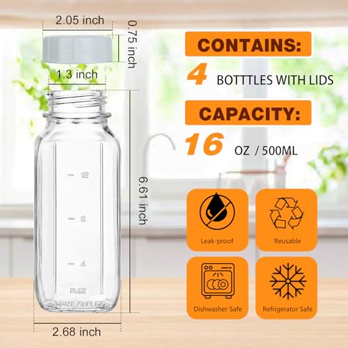 4 Pack 16 OZ Glass Milk Bottles with Lids (4 Count)