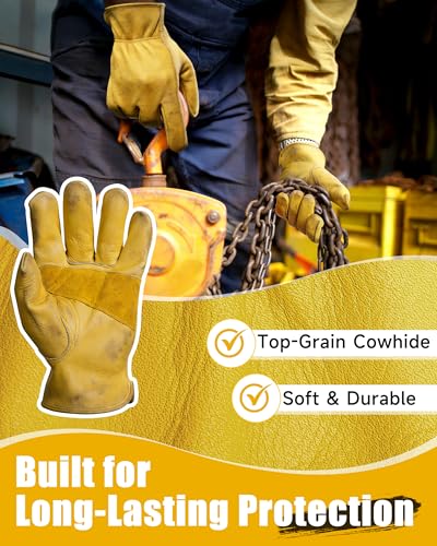 Cowhide Leather Gardening Work Gloves for Men 3 Pairs Golden L (3 Count)