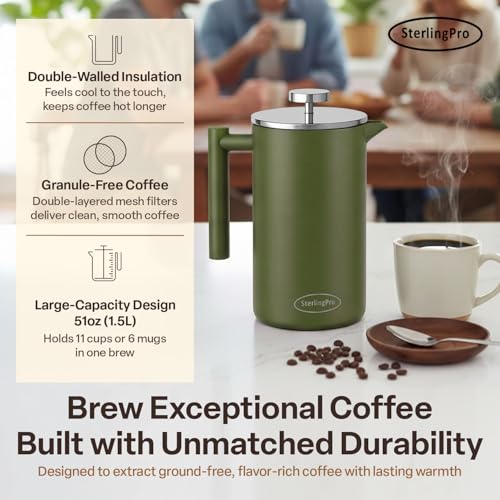 Non Toxic Large Insulated Stainless Steel French Press Coffee Maker 51oz Capacity