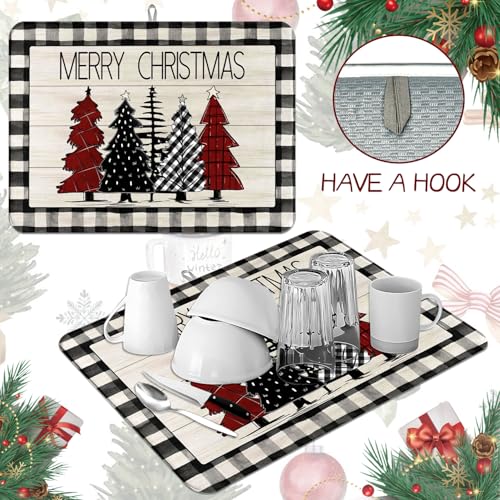 Christmas Tree Dish Drying Mat Buffalo Plaid Merry Christmas Absorbent Kitchen Drying Mat Polyester Dish Drying Pad for Kitchen Counter Farmhouse Coffee Bar Decor