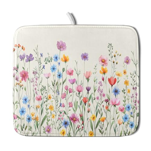 Spring Floral Dish Drying Mat 16"x18" Watercolor Summer Wildflower Dish Drainer Mats Herb Flower Reversible Absorbent Dish Drying Pad Decor for Kitchen Countertop Dining Room