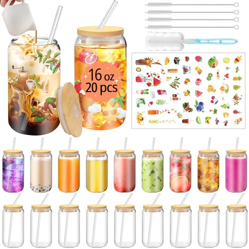 16 OZ Glass Cups with Lids and Straws 20 Pack Can (20 Count)