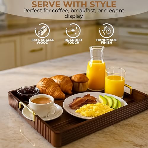 Acacia Wood Serving Tray with Metal Handle