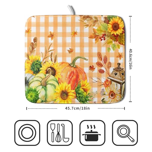 Autumn Maple Leaf Orange White Check Plaids Dish Drying Mat for Kitchen Counter
