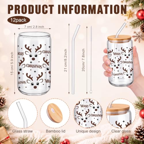 12 Sets Christmas Glass Cups Gifts 16 oz Cute Xmas Tree Gingerbread Cups Snowman Tumbler Winter Candy Canes Iced Coffee Cup with Lids and Straw for Women Coworkers Birthday Party Favors (12 Count)