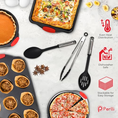 Non-Stick 17-Piece Baking Pan Set, BPA-Free Carbon Steel Bakeware Set with Silicone Handles, Stackable Kitchen Oven Set, Cookie Sheet, Baking Tray, Baking Sheet Set, Utensils, Oven Safe (446°F)