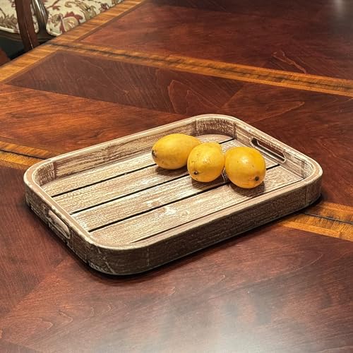 Wooden Tray 17""x13""x2"" Washed Tan Color Rounded Rectangle Stylish Rustic Farmhouse Decor Serving Platter