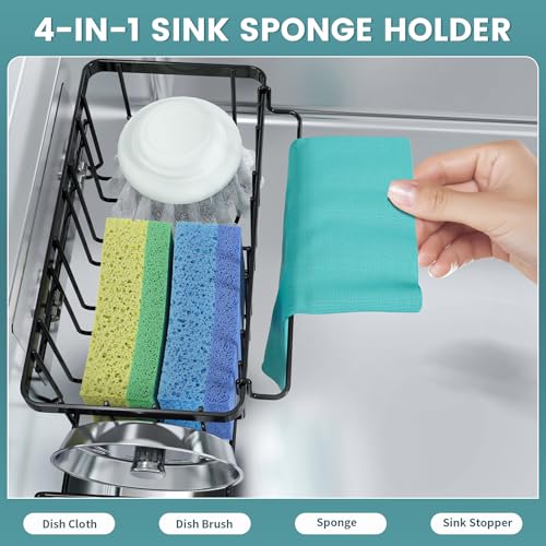 4-in-1 Sponge Holder for Kitchen Sink, Sink Caddy Organizers and Storage with Adhesive Hook & Suction Cups, Rustproof Kitchen Sink Organizer for Home Decor - Black