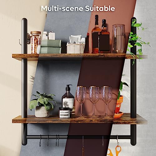 24" 2 Tier Industrial Pipe Wall Shelf with 8 Hooks
