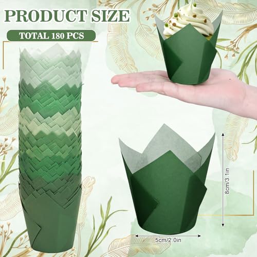 180Pcs Sage Green Tulip Cupcake Liners Gradient Green Muffin Baking Cups Cupcake Wrappers for Wedding Bridal Shower Spring Holiday Party Supplies (180 Count)