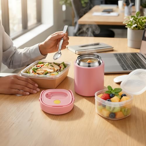 2-in-1 Thermos for Hot Food with Snack Box Container - 20oz Stainless Steel Insulated Food Container with Handle and Spoon, Leak Proof Bento Box Kids Adult for School Lunch Office, Pink