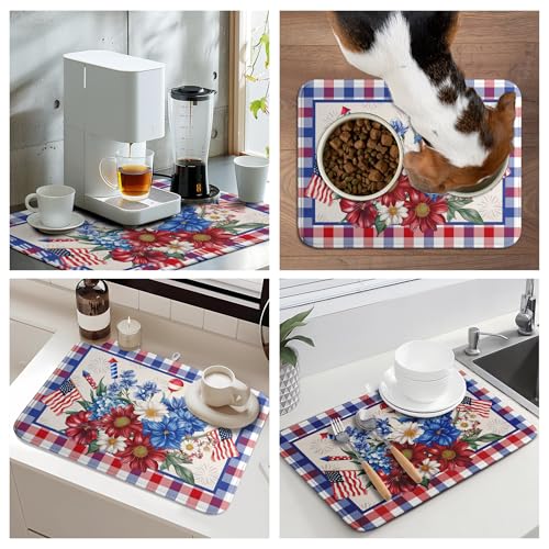 Patriotic Floral Dish Drying Mats 4th of July Flowers Dish Mat Blue Red Firework Drying Matt Dishes Dryer Pad for Kitchen Counter Absorbent Microfiber Washable Foldable Reusable 18x24 in