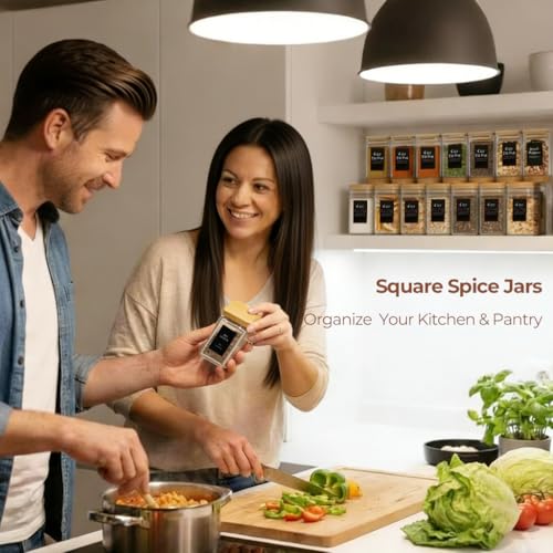 Square Glass Spice Jars with Labels 8 oz 16 Pack with Bamboo Lids (16 Count)