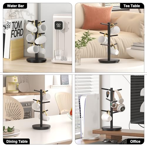 Coffee Mug Holder Tree Upgraded 360Rotated Cup Holder for Counter Black Wood Cup Tree Mug Rack Organizer Stand with 6 Hooks for Kitchen Coffee Bar Accessories