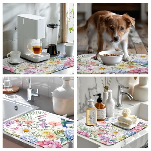 Spring Floral Birds Dish Drying Mat Summer Butterfly Flowers Kitchen Dish Drying Pad Daisy Absorbent Dish Dryer Mat for Kitchen Countertops Microfiber Dishes Drainer Pad