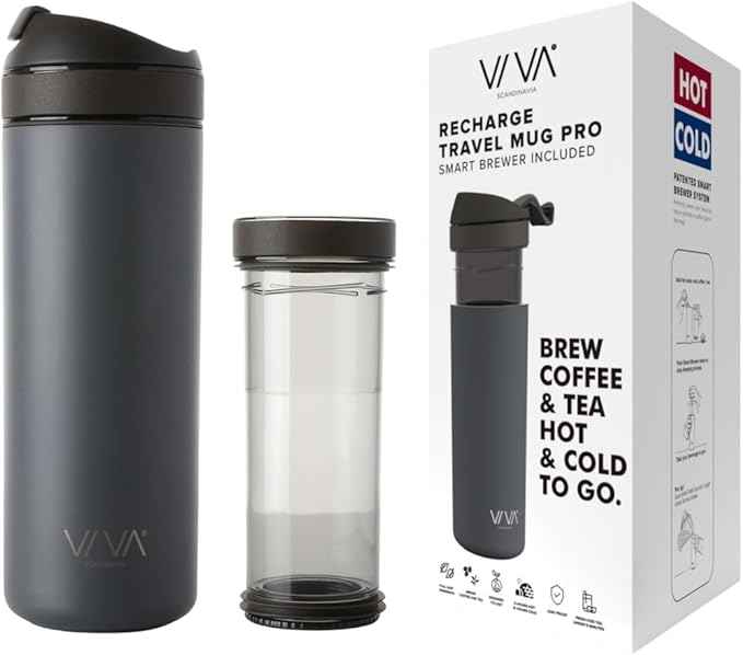 VIVA Recharge Grey Insulated Tea & Coffee Mug & Travel French Press Coffee Maker, 16 oz, Brew & Drink From the Same Coffee Mug On the Go or Camping