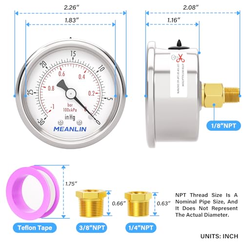 30inHG~0Psi Vacuum Gauge Stainless Steel 1