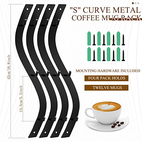 4 Pack Coffee Mug Wall Rack Mounted with 12 Hooks S Curve Metal Coffee Cup Rack Wall Hanging Holder for Bar Kitchen Corner Station Decor Display (4 Count)