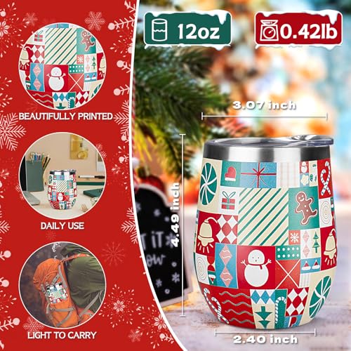 Christmas Wine Tumbler 12 oz Christmas Stainless Steel Wine Glass with Lid and Straw Stemless Double Wall Insulated Wine Cups Keeping Cold & Hot for Holiday Xmas Wedding Party Gifts